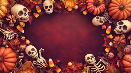 Naklejka premium Halloween background with smiling skeletons, pumpkins, and candy corn framing a blank space for text.