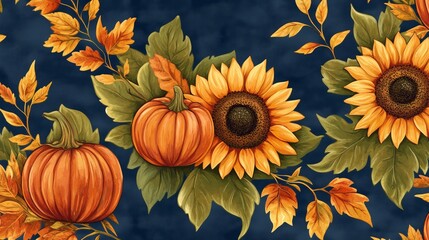 Lovely hand drawn Thanksgiving seamless pattern with pumpkins and sunflowers, great 