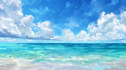 5. Tranquil summer backdrop of a pristine beach, azure waters, and a sunlit horizon, with soft white clouds drifting lazily across the sky