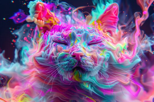 Psychedelic Cat Fusion, a mesmerizing digital artwork showcasing a whimsical feline design, blending vibrant colors and intricate patterns through generative AI techniques.
