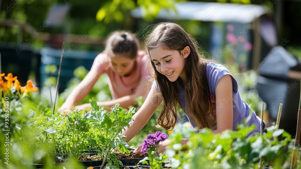 Canvas Prints Community gardening - young volunteers tending plants