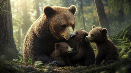 Obraz premium Mother bear and her cubs sharing a tender moment in the forest.