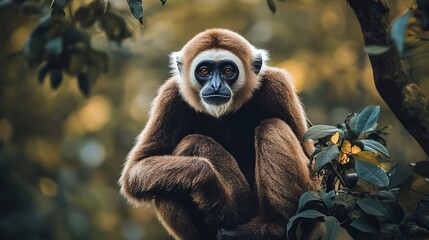 Fototapeta premium wildlife photography, authentic photo of a gibbon in natural habitat, taken with telephoto lenses, for relaxing animal wallpaper and more