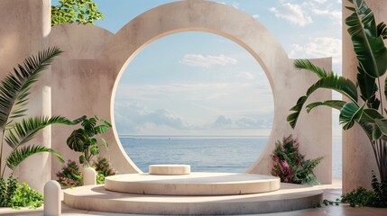 3. Stylish 3D podium for products, surrounded by a beige arch embellished with vibrant plants, overlooking the tranquil sea, capturing the essence of summer