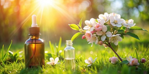 Two crab apple flower Bach remedies in sunny field, drop glass pipette shining on flower therapy bottle