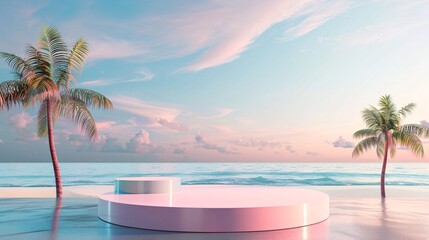 Fototapeta premium 4. Minimalist 3D summer podium with a beach background, featuring a sea stand stage for cosmetics, and a serene sky, perfect for ad templates, travel themes, and beauty product placements