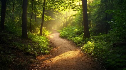 Fototapeta premium Serene forest path illuminated by soft sunlight, calming nature walk, tranquil