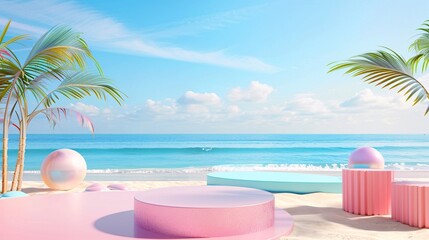 Obraz premium 5. Vibrant summer podium in a 3D beach scene, with a sea stand stage, beauty platform, and blue sky, suitable for shop ads, travel mockups, water-themed banners, and cosmetic displays