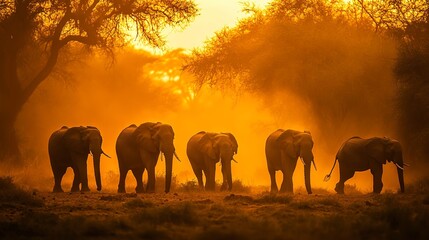 Fototapeta premium A group of elephants walk through the country.