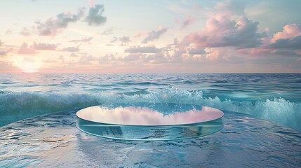 4. Elegant glass podium in the midst of the ocean, with gentle waves and a picturesque sky, perfect for showcasing products with a serene aquatic backdrop