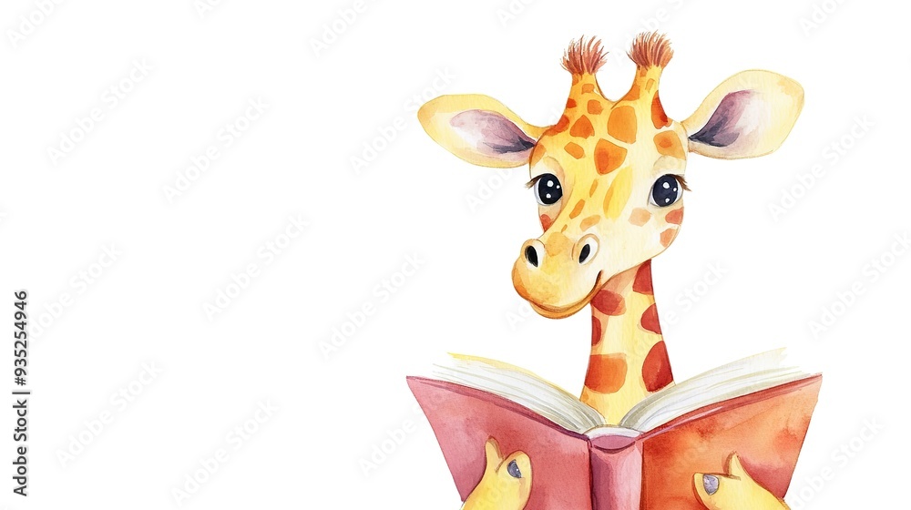 Sticker Adorable, clever watercolor Giraffe reading a book, character illustration isolated on a white background