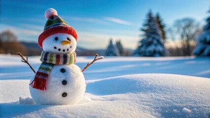 Obraz premium Snowman standing in freshly fallen snow, snow, winter, frosty, cold, holiday, Christmas, cheerful, white, decoration