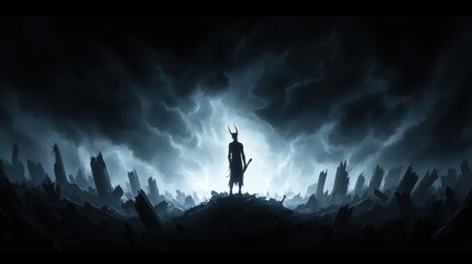 Fototapeta premium A silhouette of a demon warrior in a ruined city, with crumbling buildings and dark clouds creating a sense of desolation