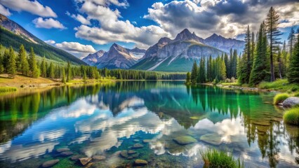 Fototapeta premium A serene lake nestled in the mountains with a magnificent view of the surrounding natural beauty, lake, mountains