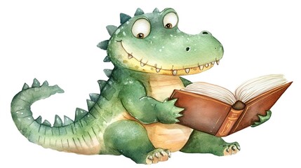 Fototapeta premium Adorable, clever watercolor crocodile reading a book, character illustration isolated on a white background