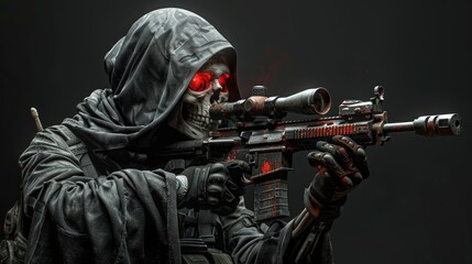A malevolent skeletal agent in a black cloak and special forces uniform, clutching a rifle, with a skull that seems to embody the spirit of war and terror.