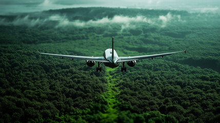 An aircraft refueling with a vibrant green liquid, with a backdrop of a lush, green landscape, symbolizing the harmony between aviation and nature