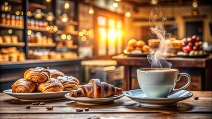 Cozy morning scene in a cafe with a steaming cup of coffee and fresh pastries, coffee, morning, cafe, still life, lifestyle