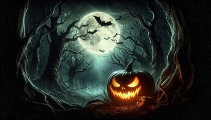 Cinematic horror scene of a Halloween night, featuring a terrifying jack o' lantern pumpkin with a sinister grin, set in a creepy dark forest. gothic night ambiance under the moonlight