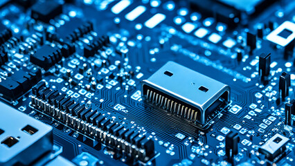 Macro shot of a USB connector port on a motherboard, showcasing the intricate metal pins and surrounding circuits with a soft blue glow.