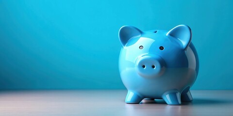 Blue piggy bank standing alone on a blue background, piggy bank, savings, finance, money, blue, isolated