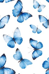 A seamless watercolor illustration of boho blue butterflies with an ethereal pattern, set against a white background.