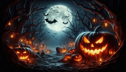 Cinematic horror scene of a Halloween night, featuring a terrifying jack o' lantern pumpkin with a sinister grin, set in a creepy dark forest. gothic night ambiance under the moonlight