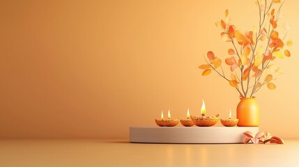 Serene display of diya lamps and autumn leaves in a warm setting, perfect for festivals and ambiance decoration.