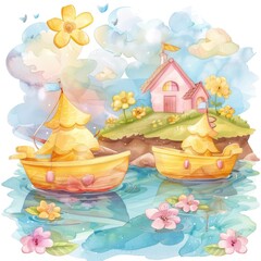 Two fantasy-themed boats with floral designs on a calm bay, a colorful and charming watercolor drawing with a vintage-style seaside backdrop.