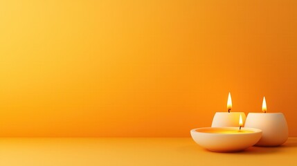 Two beautiful candles glowing on a warm orange background, creating a serene and calming atmosphere for relaxation or meditation.