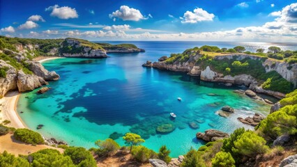 Obraz premium Panoramic view of Macarelleta seashore on Menorca island in Spain , Menorca, Spain, panoramic view, Macarelleta
