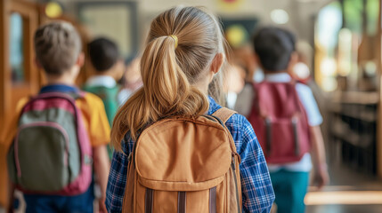 Children walking to class with backpacks in a school hallway during a sunny morning