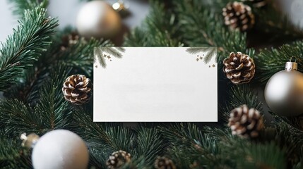 Obraz premium Elegant Christmasthemed business card mockup with pine branches and ornaments, blank space for text, business card, Christmas, mockup