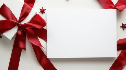 Elegant festive background with blank white card, red ribbon, and gift box. Perfect for holiday greetings, invitations, and celebrations.