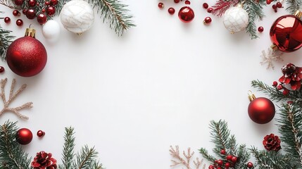 Festive Christmas border with ornaments, pine cones, and fir branches on a white background, perfect for seasonal greeting cards.