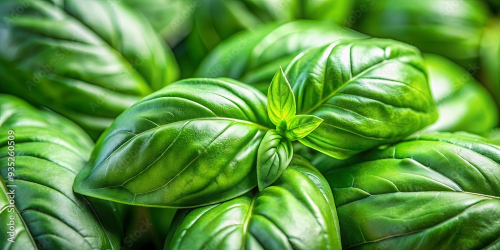 Wall mural Close-up photo of a vibrant green basil leaf , basil, herb, food, ingredient, plant, fresh, aromatic, cooking