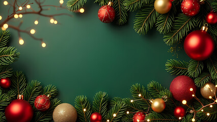 Square banner with gold and red Christmas symbols, tree, balls, golden on green background.