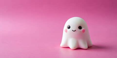Cute little ghost figurine on pink background , Halloween, spooky, ghost, cute, miniature, decoration, toy, pastel, sweet