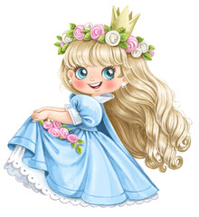 Cute cartoon Princess in lush blue dress with a wreath on head and flowers at the hem of her dress watercolor paint