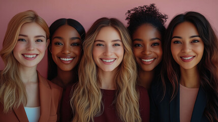 Diverse and inclusive group of women with work outfit on plain background. woman day. colorful.