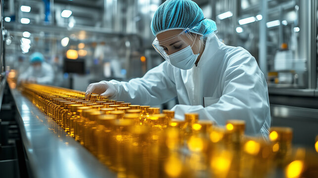 Woman doing quality checks control on fials containing drugs in pharmaceutical compound 