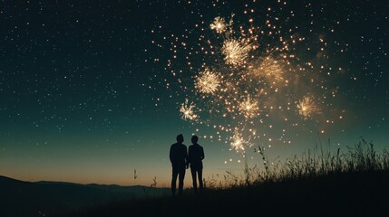 Silhouetted Couple Gazing at Fireworks Display Against a Starry Night Sky