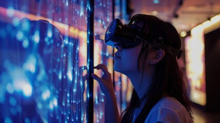 A young woman explores an interactive digital installation, wearing virtual reality goggles, captivated by vibrant visuals and immersive experiences in an exhibition space