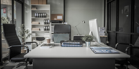 A modern office desk with a laptop, monitor, and plant. sleek, minimal design features open space, technology and productivity. room is empty, offering a clean and organized workspace.
