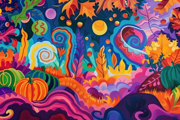 Obraz premium psychedelic - style illustration with vibrant colors, swirling patterns, and abstract shapes representing Thanksgiving themes