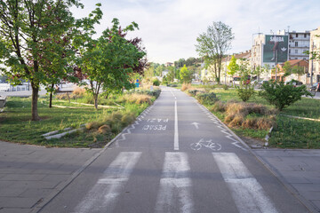 Fototapeta premium A road with a white line down the middle and a bike lane on the right