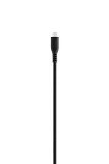 Black cable for charging and synchronization with USB, Micro USB, Lightning connectors on a white background close-up