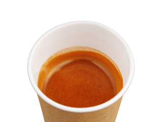 top view cardboard cup with coffee, espresso, americano on isolated white background close-up