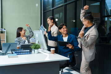 Asian colleagues meet at a desk, discussing business financial terms, investment strategies,...