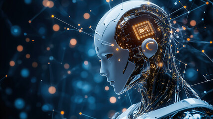 3D rendering of the head of an AI robot with glowing eyes and intricate circuitry visible in the background
